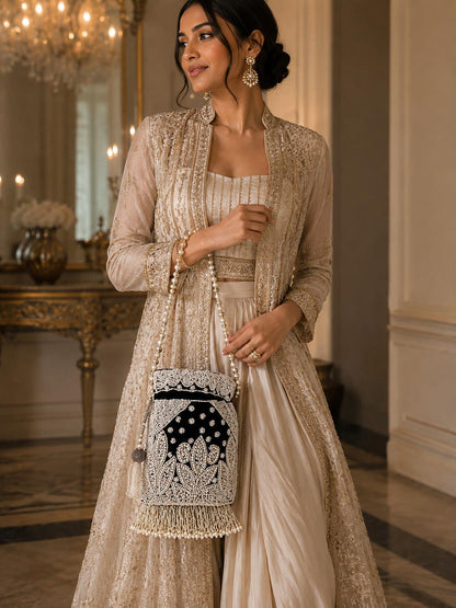 Handmade Velvet Potli Bag with Pearl Bead Work