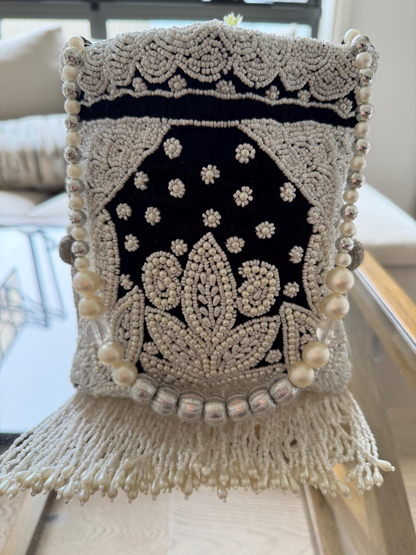 Handmade Velvet Potli Bag with Pearl Bead Work