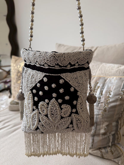 Handmade Velvet Potli Bag with Pearl Bead Work