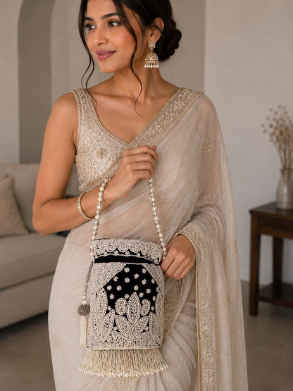 Handmade Velvet Potli Bag with Pearl Bead Work