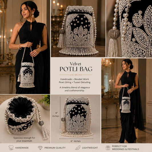 Handmade Velvet Potli Bag with Pearl Bead Work