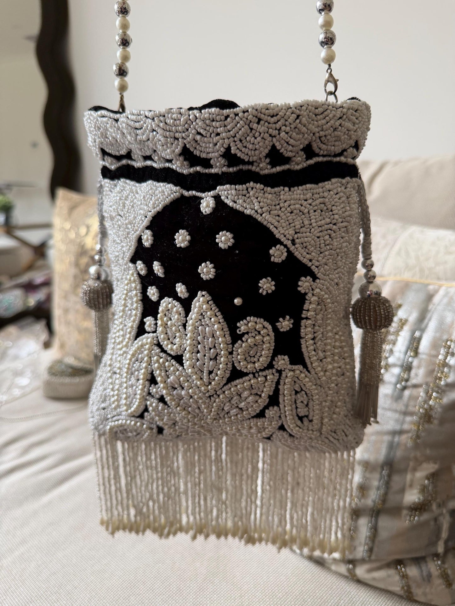 Handmade Velvet Potli Bag with Pearl Bead Work