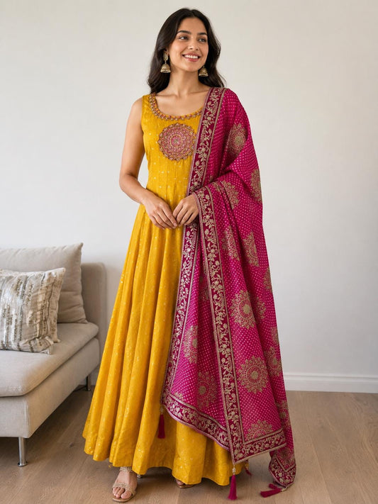 Mango Yellow Anarkali Dress with Magenta Embroidered Dupatta