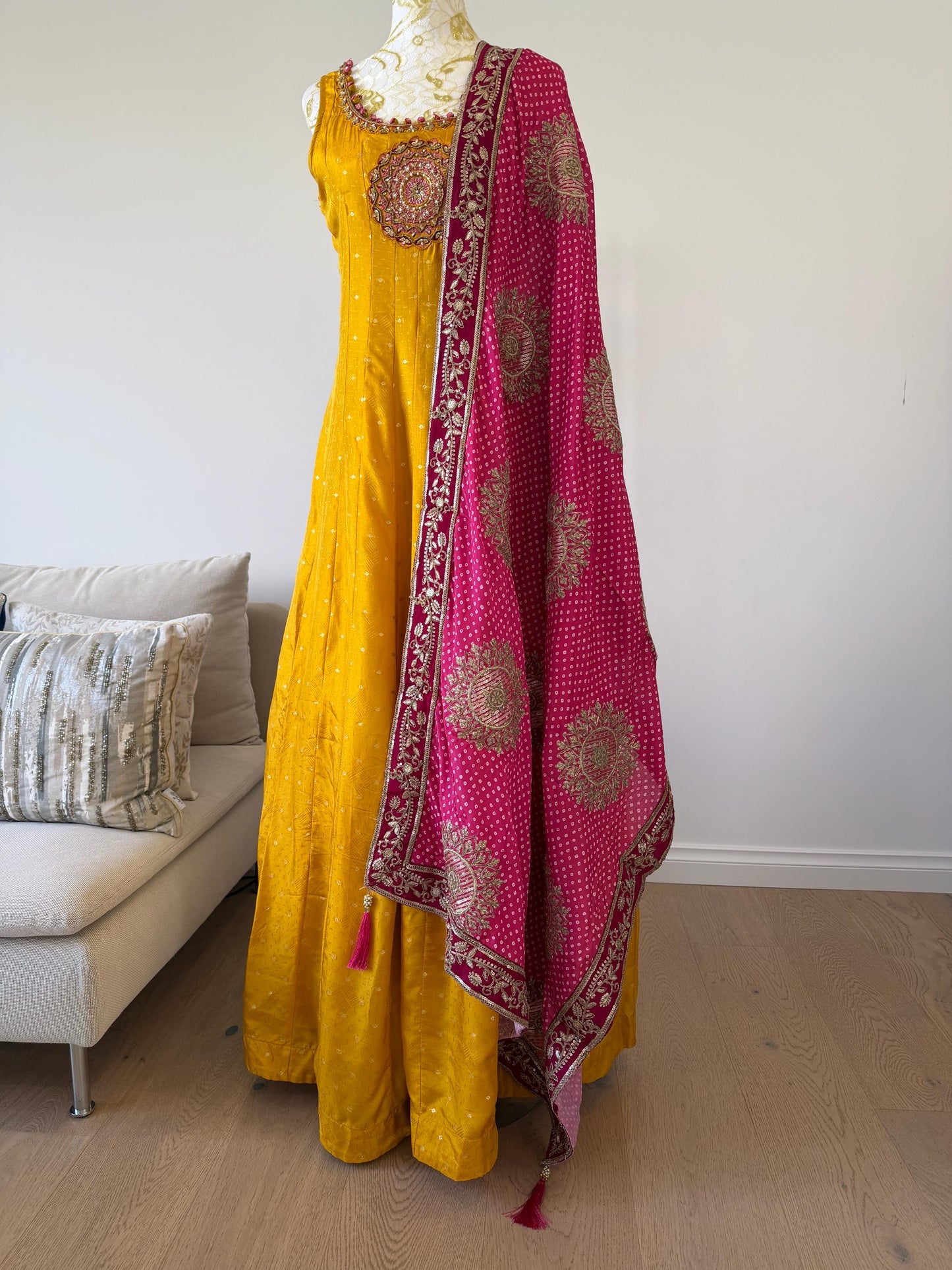 Mango Yellow Anarkali Dress with Magenta Embroidered Dupatta