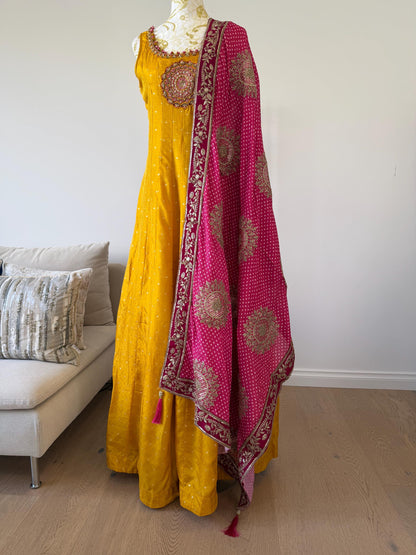 Mango Yellow Anarkali Dress with Magenta Embroidered Dupatta