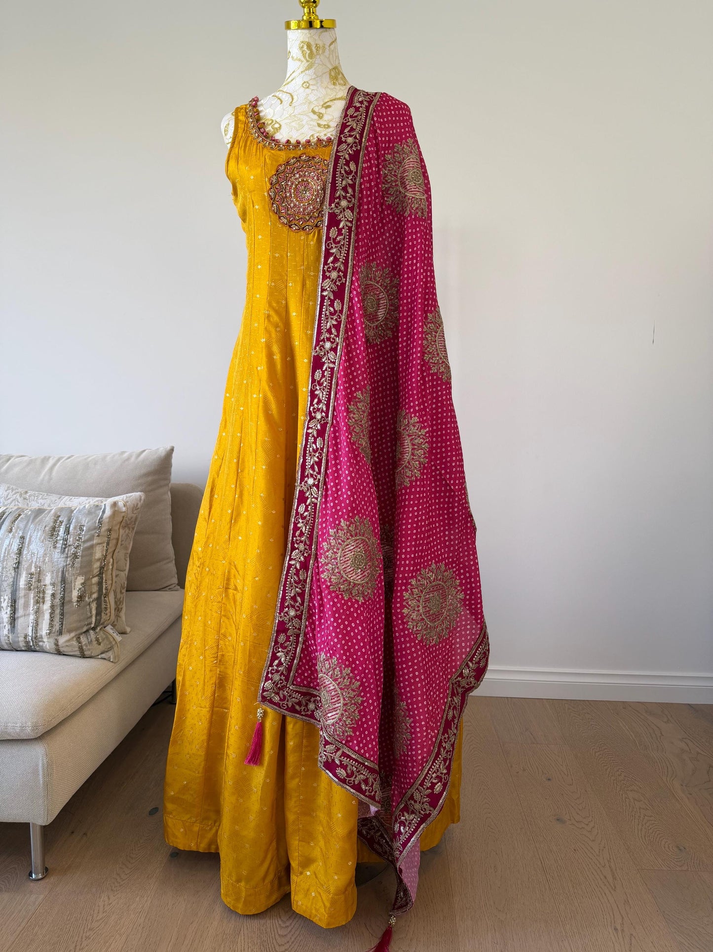 Mango Yellow Anarkali Dress with Magenta Embroidered Dupatta