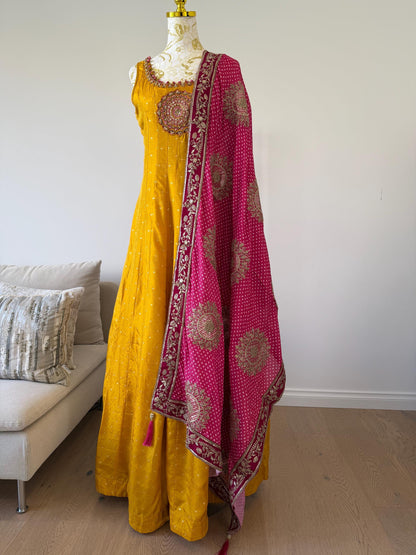 Mango Yellow Anarkali Dress with Magenta Embroidered Dupatta