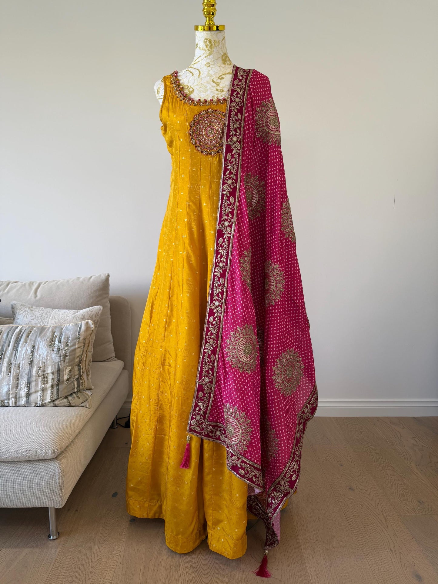 Mango Yellow Anarkali Dress with Magenta Embroidered Dupatta