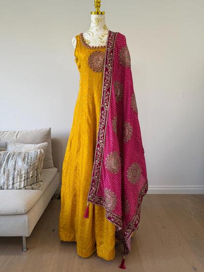 Mango Yellow Anarkali Dress with Magenta Embroidered Dupatta