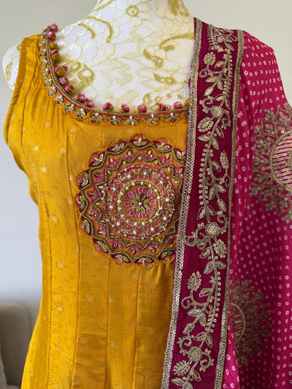 Mango Yellow Anarkali Dress with Magenta Embroidered Dupatta