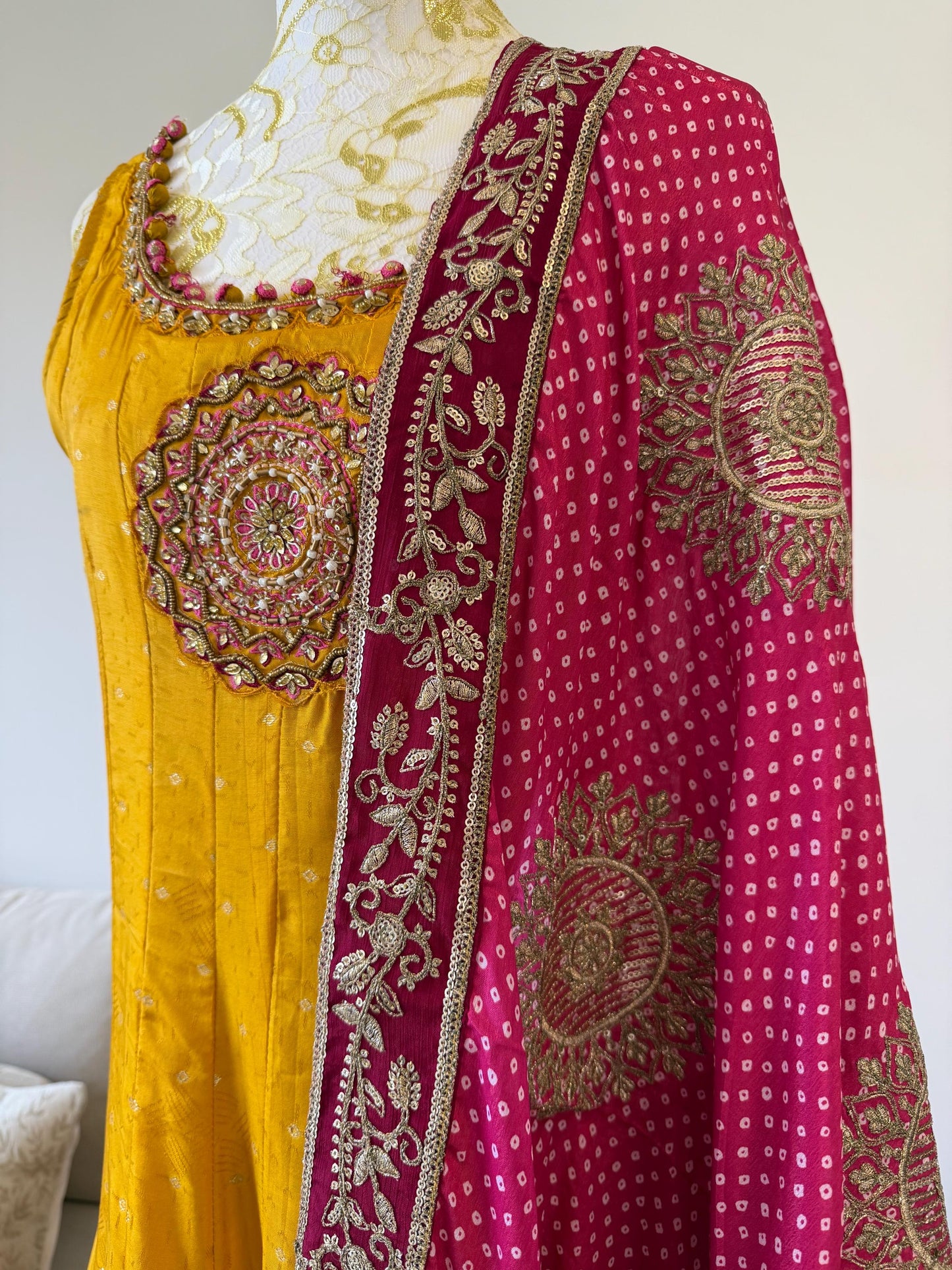 Mango Yellow Anarkali Dress with Magenta Embroidered Dupatta
