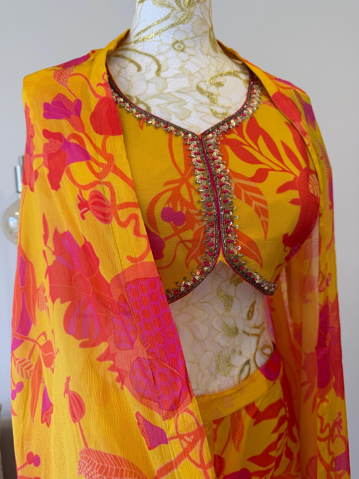 Yellow Pink Floral Chinon Indo Western Co-Ord Set with Cape
