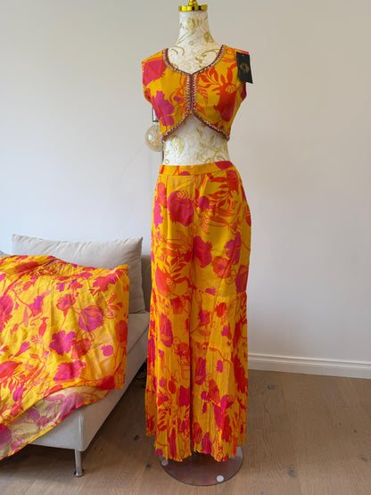 Yellow Pink Floral Chinon Indo Western Co-Ord Set with Cape