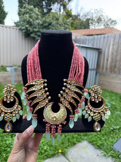 Pink Kundan Statement Necklace Set with Mint Green Drops