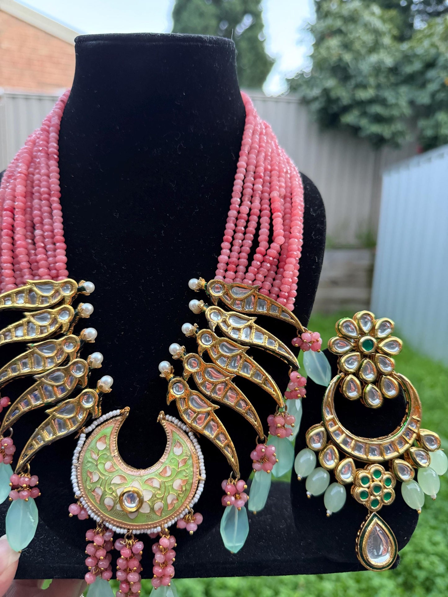 Pink Kundan Statement Necklace Set with Mint Green Drops