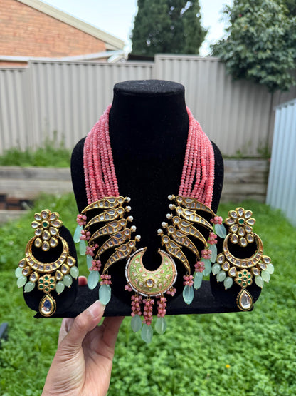 Pink Kundan Statement Necklace Set with Mint Green Drops