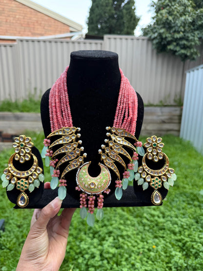 Pink Kundan Statement Necklace Set with Mint Green Drops