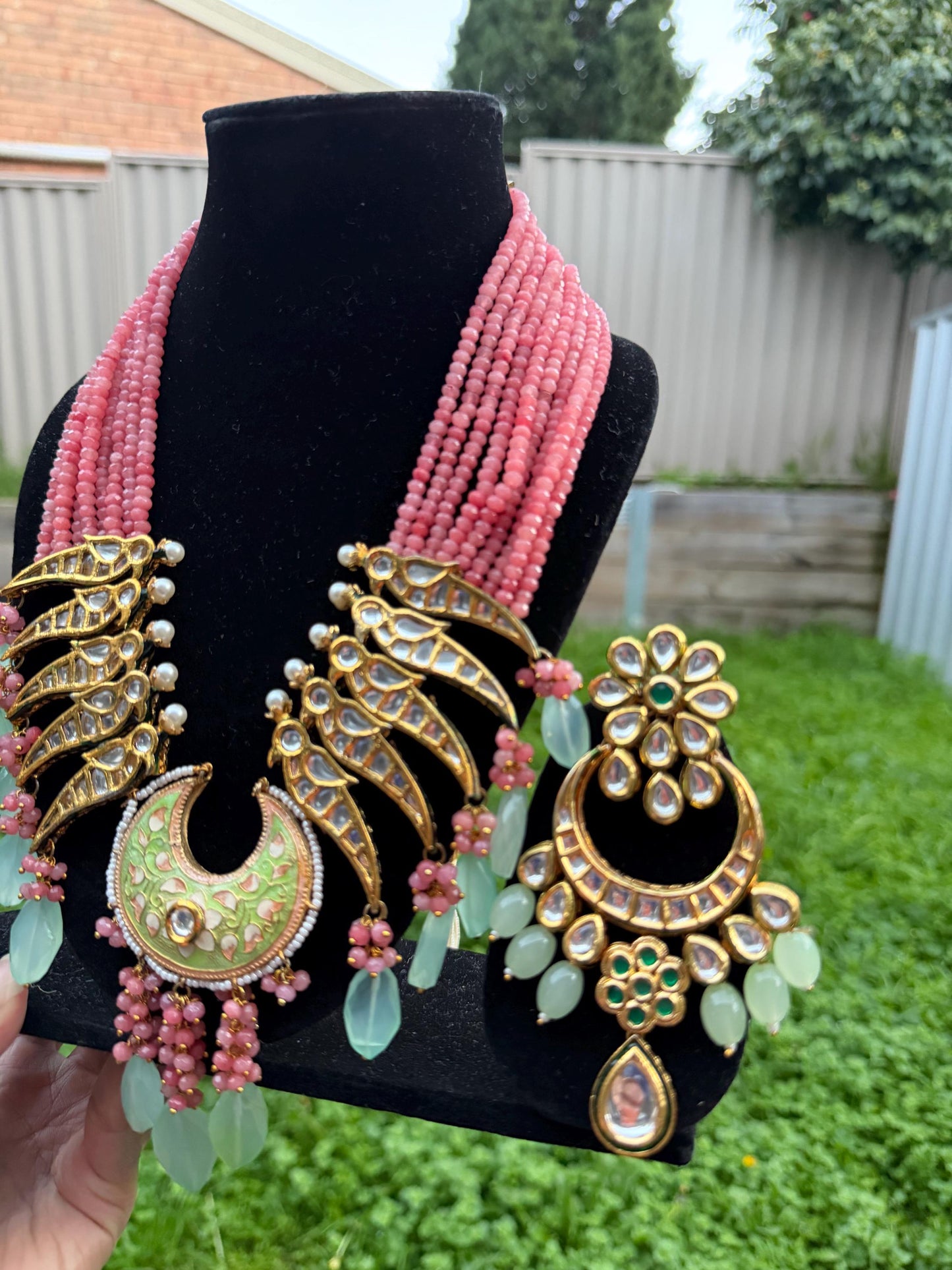 Pink Kundan Statement Necklace Set with Mint Green Drops