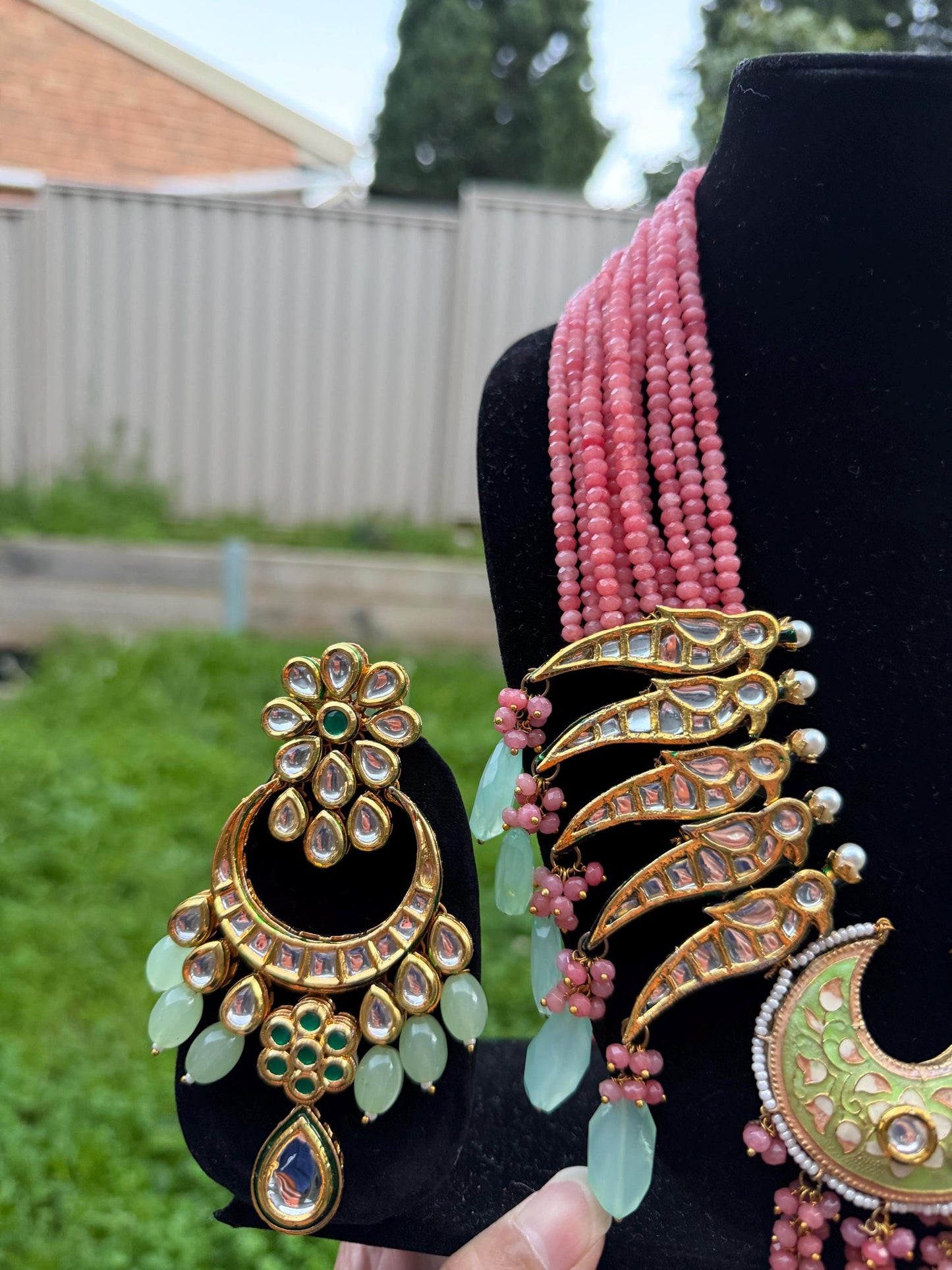 Pink Kundan Statement Necklace Set with Mint Green Drops
