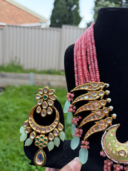 Pink Kundan Statement Necklace Set with Mint Green Drops