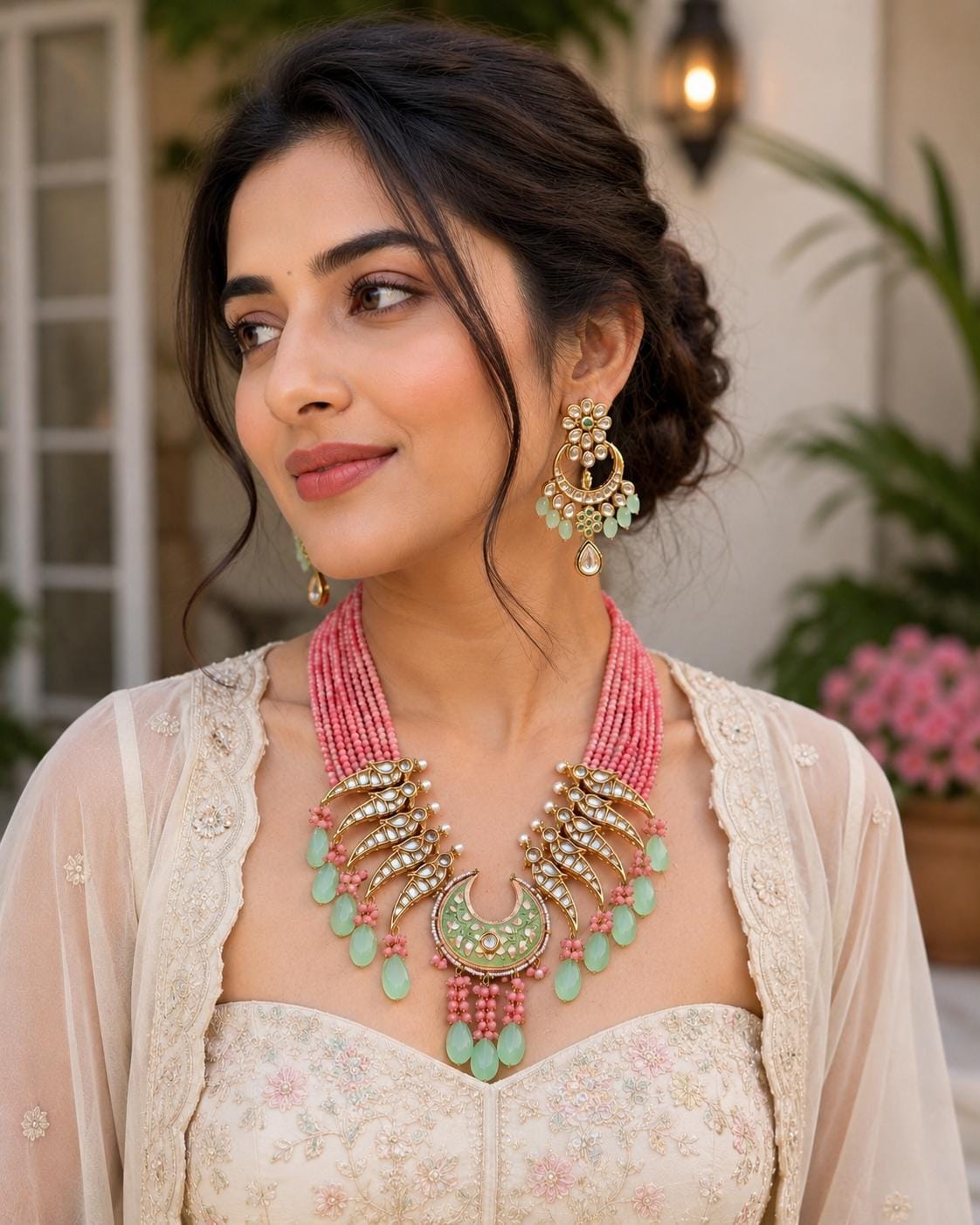 Pink Kundan Statement Necklace Set with Mint Green Drops