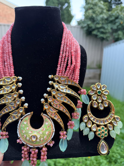 Pink Kundan Statement Necklace Set with Mint Green Drops
