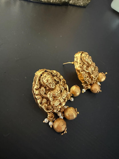Antique Gold Temple Stud Earrings | Lakshmi Inspired Ethnic Earrings | South Indian Traditional Jewelry | Pearl Drop Temple Studs | Festive
