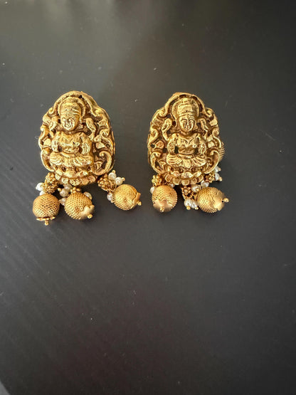 Antique Gold Temple Stud Earrings | Lakshmi Inspired Ethnic Earrings | South Indian Traditional Jewelry | Pearl Drop Temple Studs | Festive