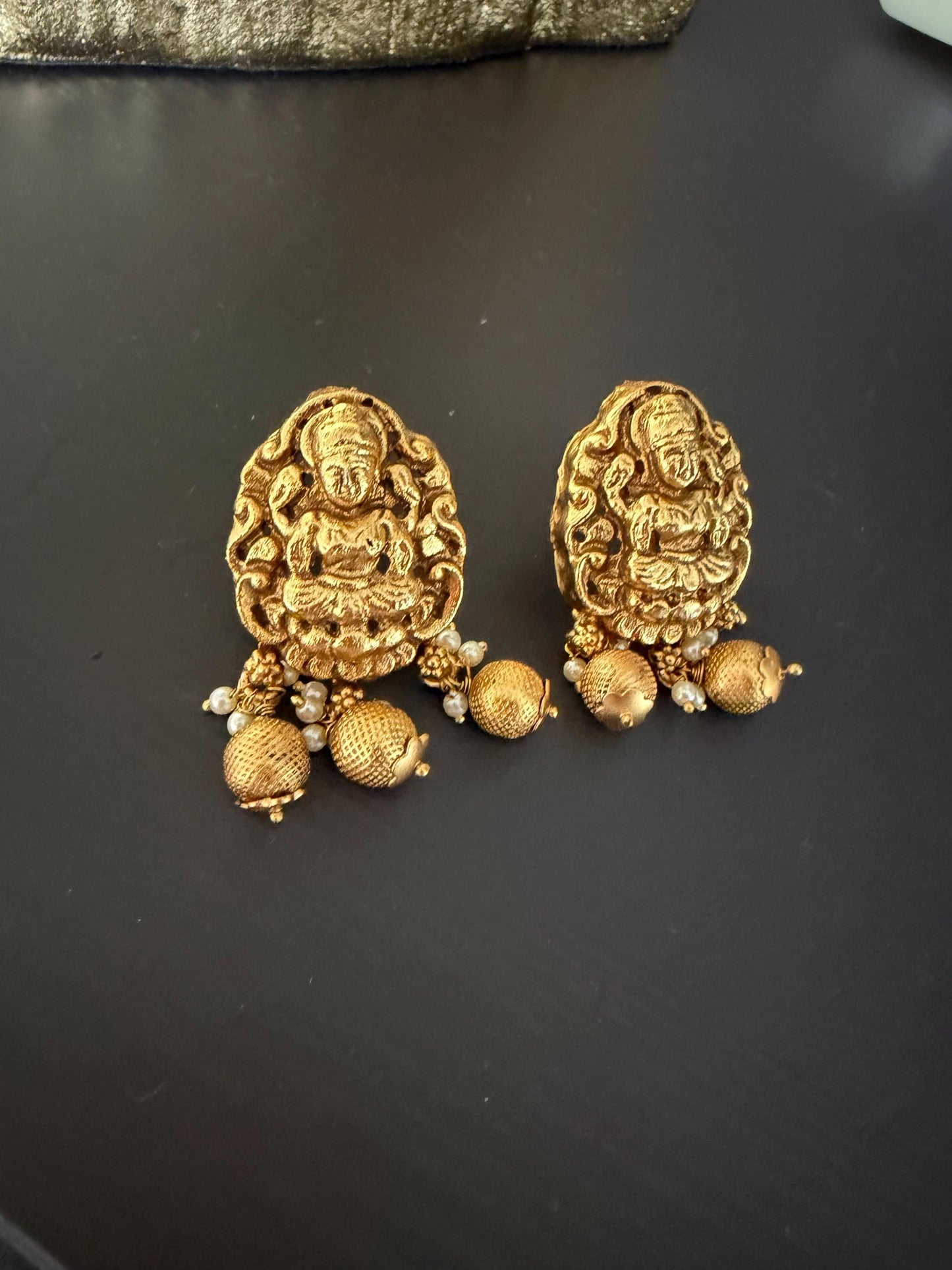 Antique Gold Temple Stud Earrings | Lakshmi Inspired Ethnic Earrings | South Indian Traditional Jewelry | Pearl Drop Temple Studs | Festive