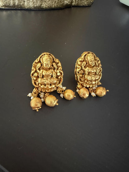 Antique Gold Temple Stud Earrings | Lakshmi Inspired Ethnic Earrings | South Indian Traditional Jewelry | Pearl Drop Temple Studs | Festive