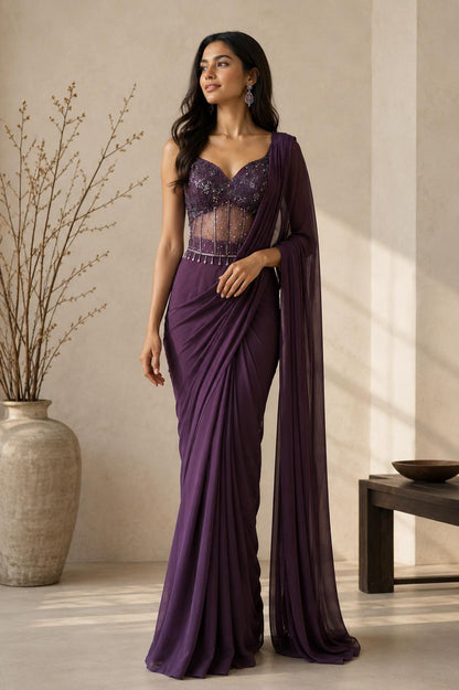 Plum Georgette Ready-to-Wear Saree