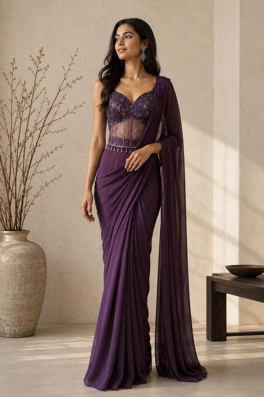 Plum Georgette Ready-to-Wear Saree
