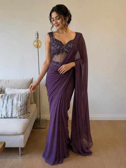 Plum Georgette Ready-to-Wear Saree