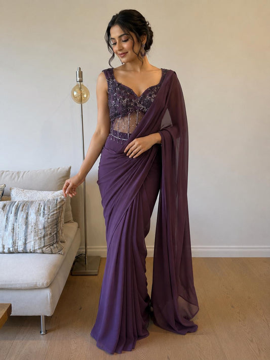 Plum Georgette Ready-to-Wear Saree