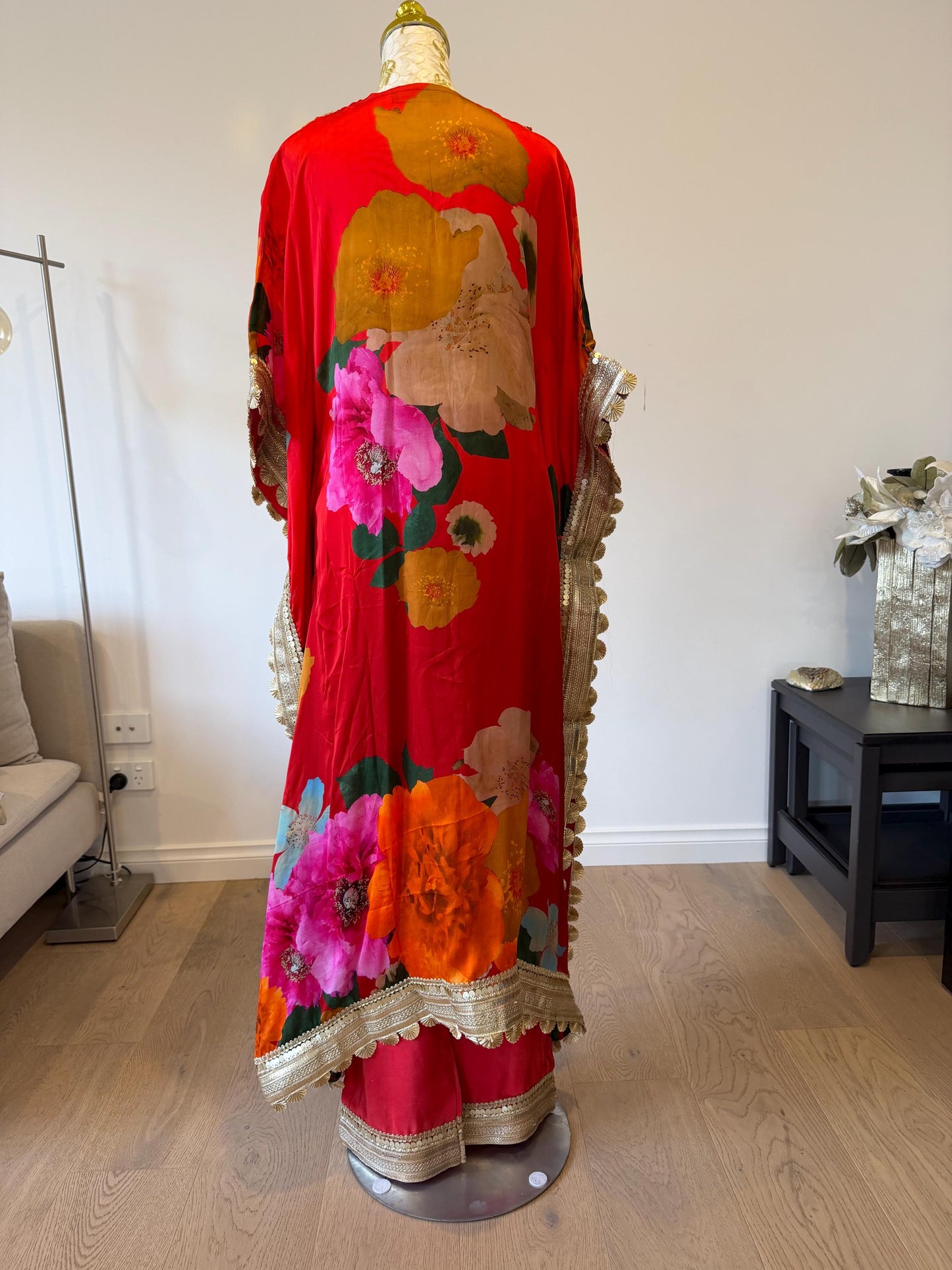 Red Floral Satin Georgette Kaftan Set with Santoon Pants, Resort Wear