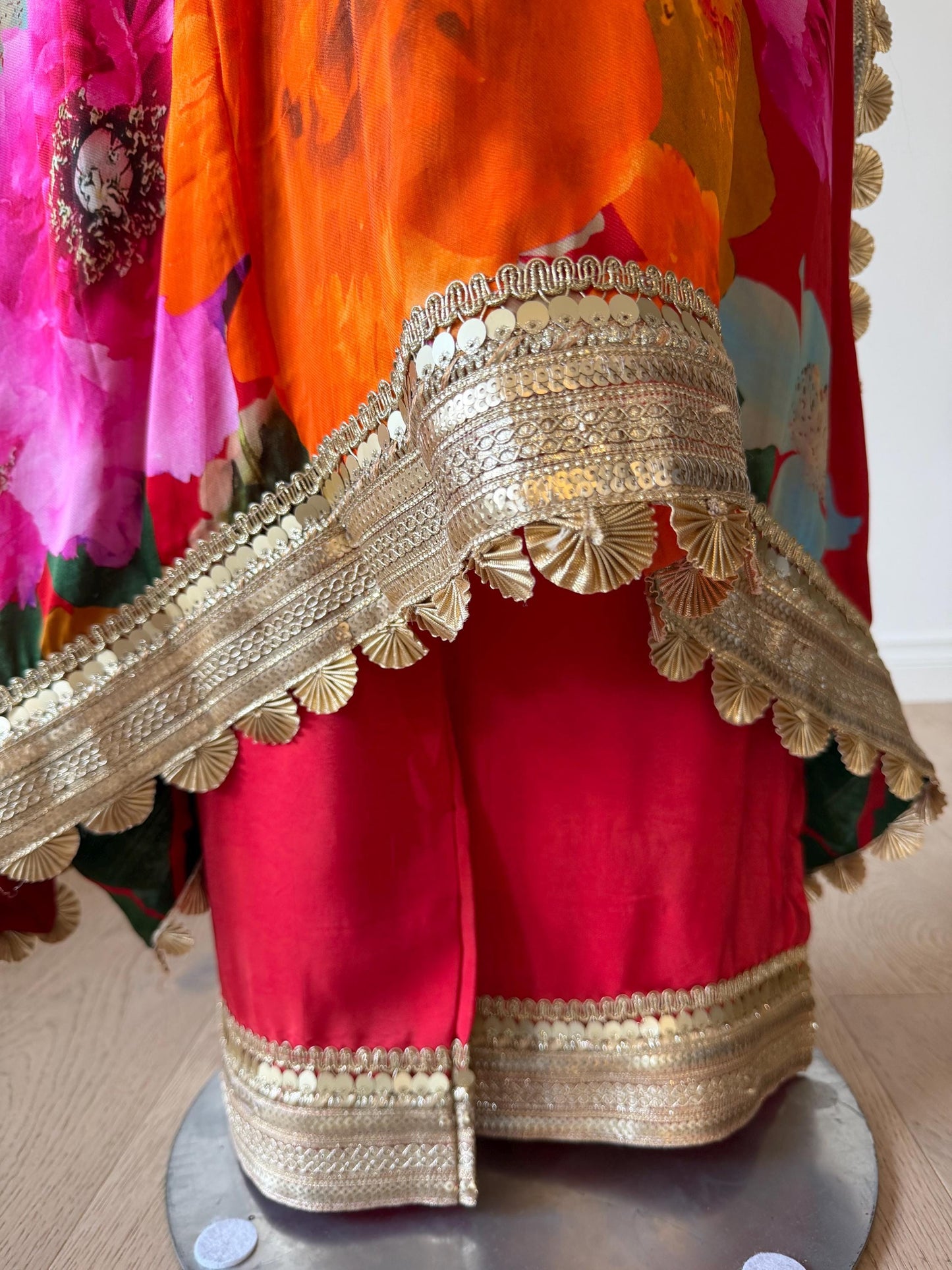 Red Floral Satin Georgette Kaftan Set with Santoon Pants, Resort Wear