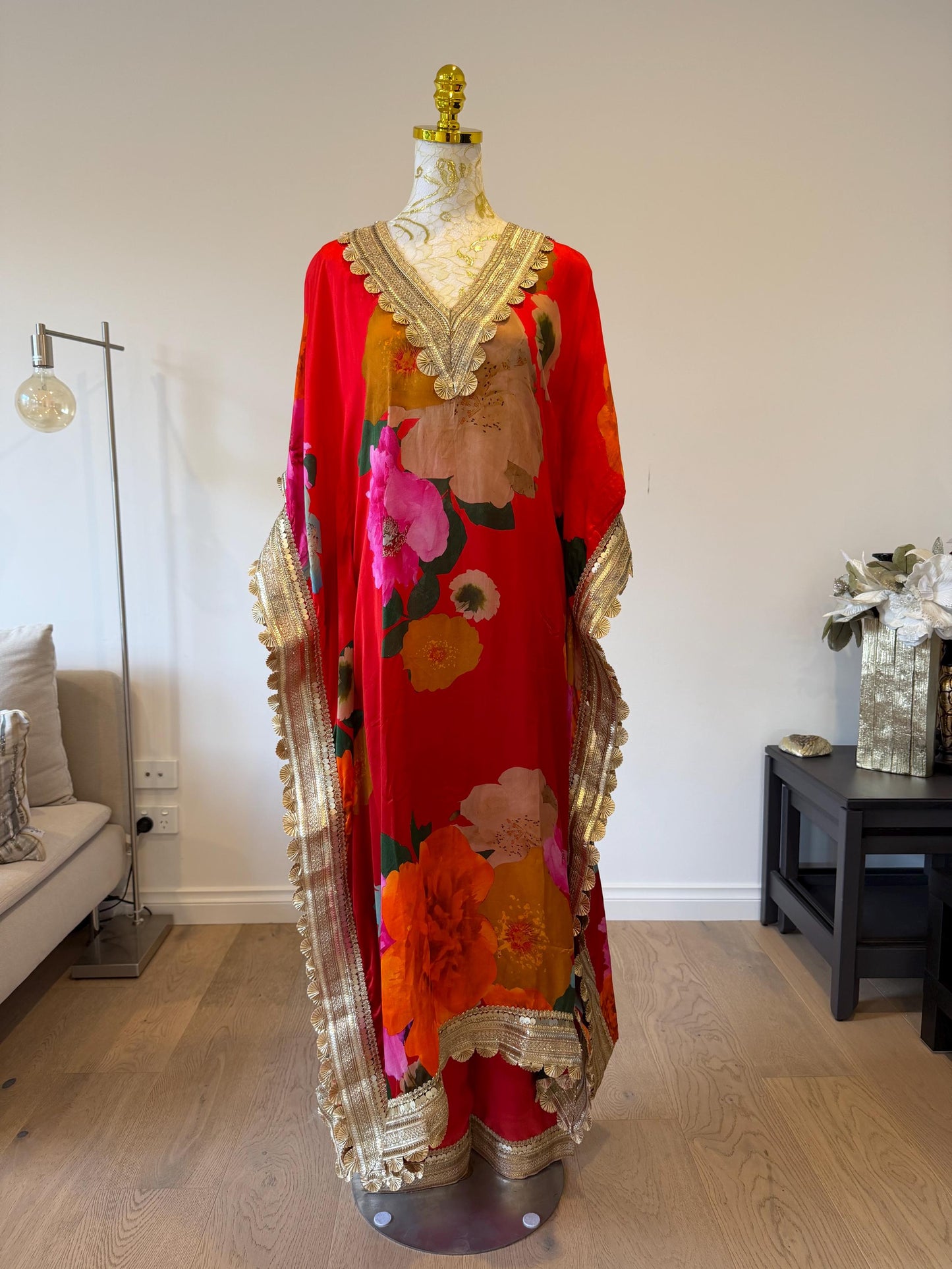 Red Floral Satin Georgette Kaftan Set with Santoon Pants, Resort Wear