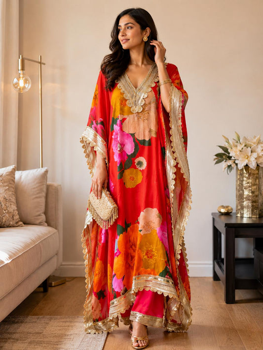Red Floral Satin Georgette Kaftan Set with Santoon Pants, Resort Wear