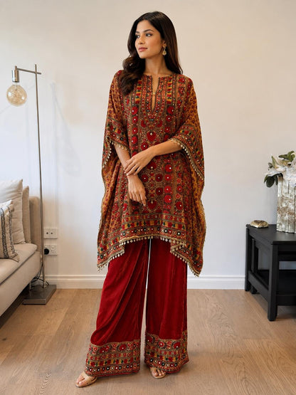 Orange Micro Velvet Kaftan Set with Red Pants | Digital Print, Mirror Work Festive Coord