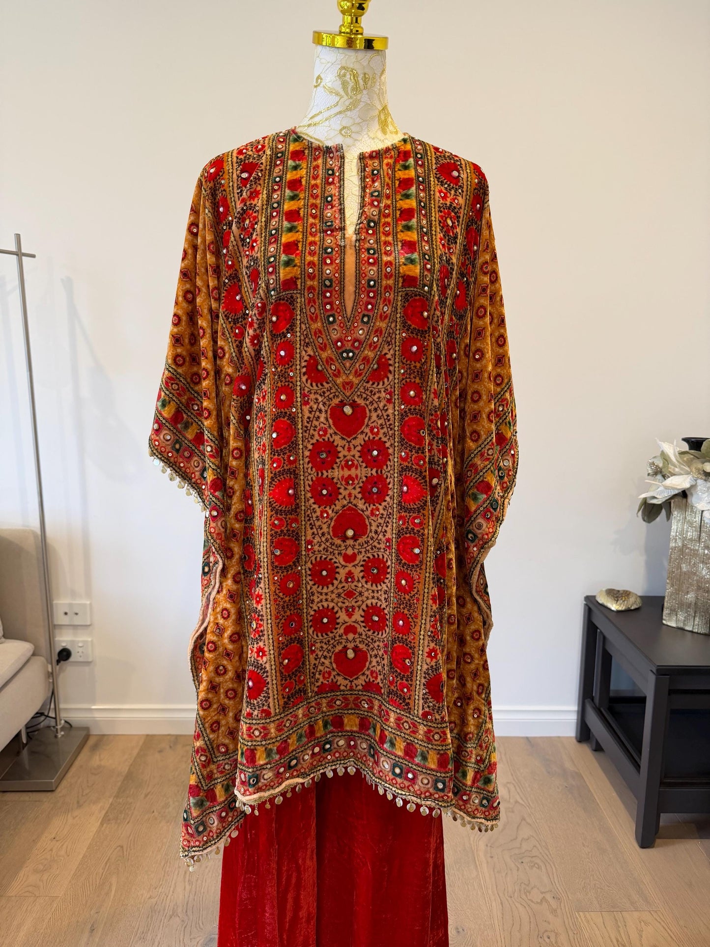 Orange Micro Velvet Kaftan Set with Red Pants | Digital Print, Mirror Work Festive Coord