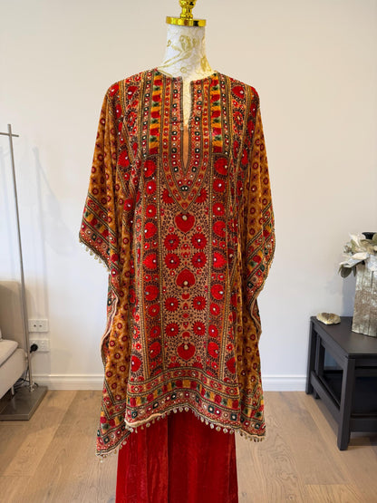 Orange Micro Velvet Kaftan Set with Red Pants | Digital Print, Mirror Work Festive Coord