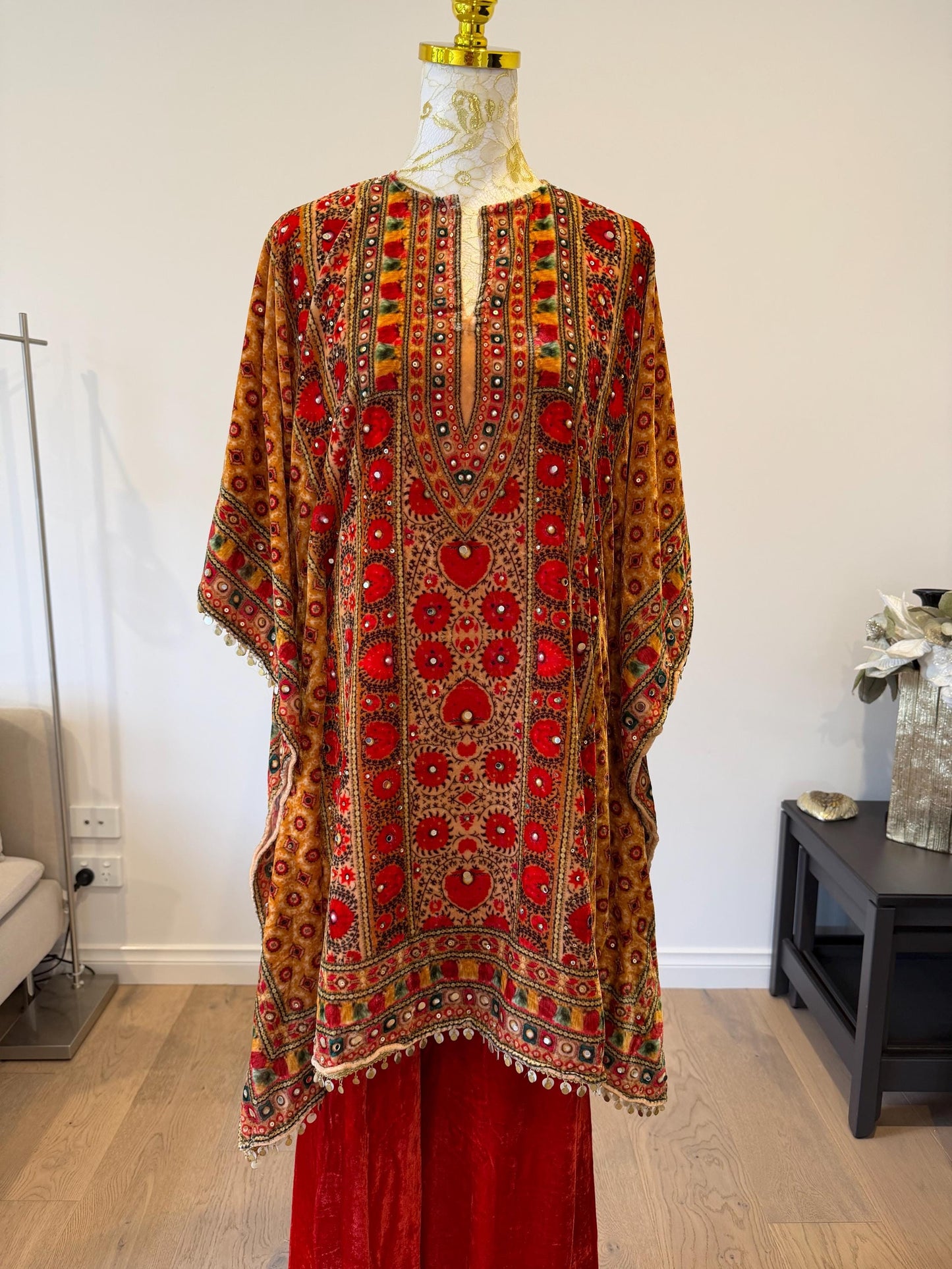 Orange Micro Velvet Kaftan Set with Red Pants | Digital Print, Mirror Work Festive Coord