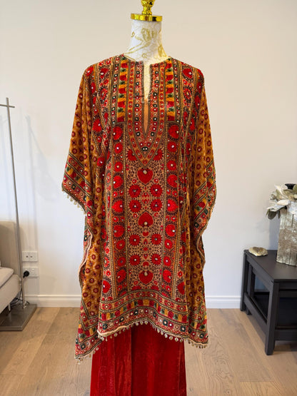 Orange Micro Velvet Kaftan Set with Red Pants | Digital Print, Mirror Work Festive Coord
