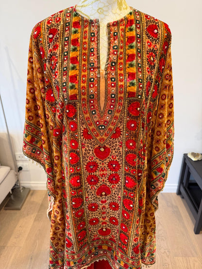 Orange Micro Velvet Kaftan Set with Red Pants | Digital Print, Mirror Work Festive Coord