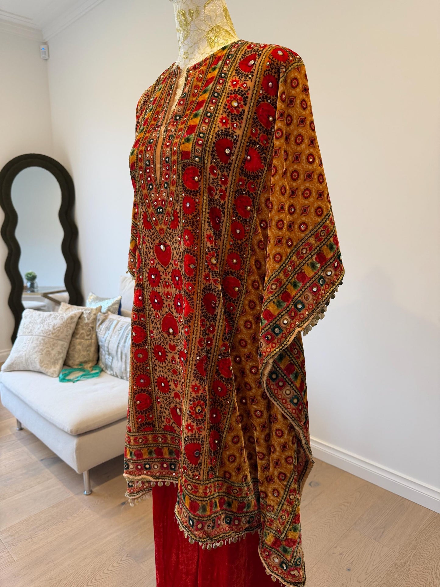 Orange Micro Velvet Kaftan Set with Red Pants | Digital Print, Mirror Work Festive Coord