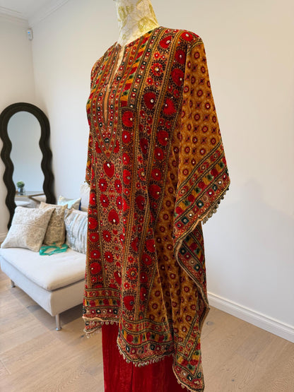 Orange Micro Velvet Kaftan Set with Red Pants | Digital Print, Mirror Work Festive Coord