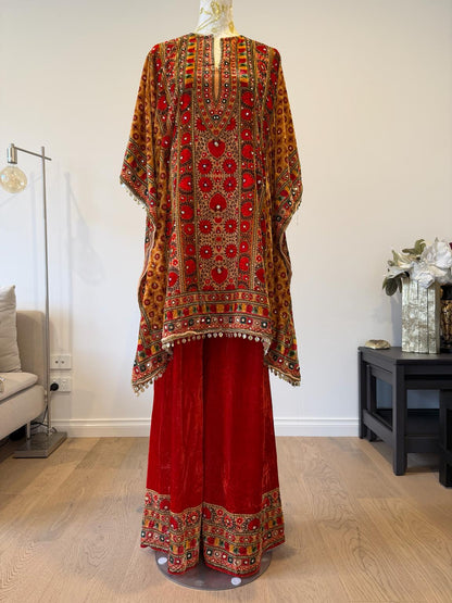 Orange Micro Velvet Kaftan Set with Red Pants | Digital Print, Mirror Work Festive Coord