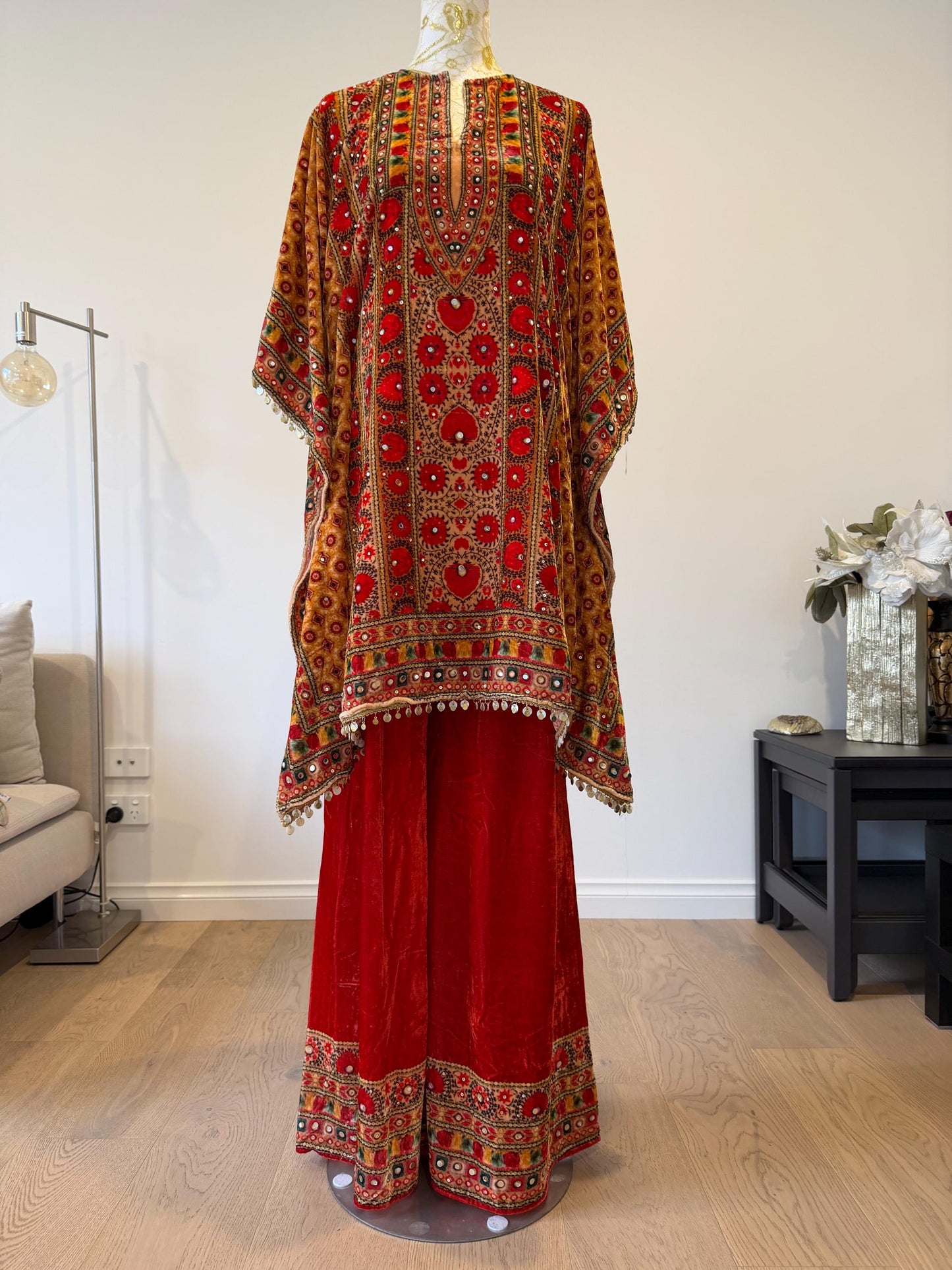 Orange Micro Velvet Kaftan Set with Red Pants | Digital Print, Mirror Work Festive Coord