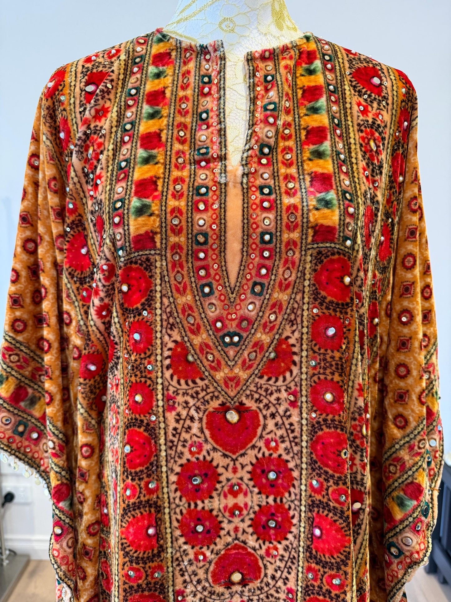 Orange Micro Velvet Kaftan Set with Red Pants | Digital Print, Mirror Work Festive Coord