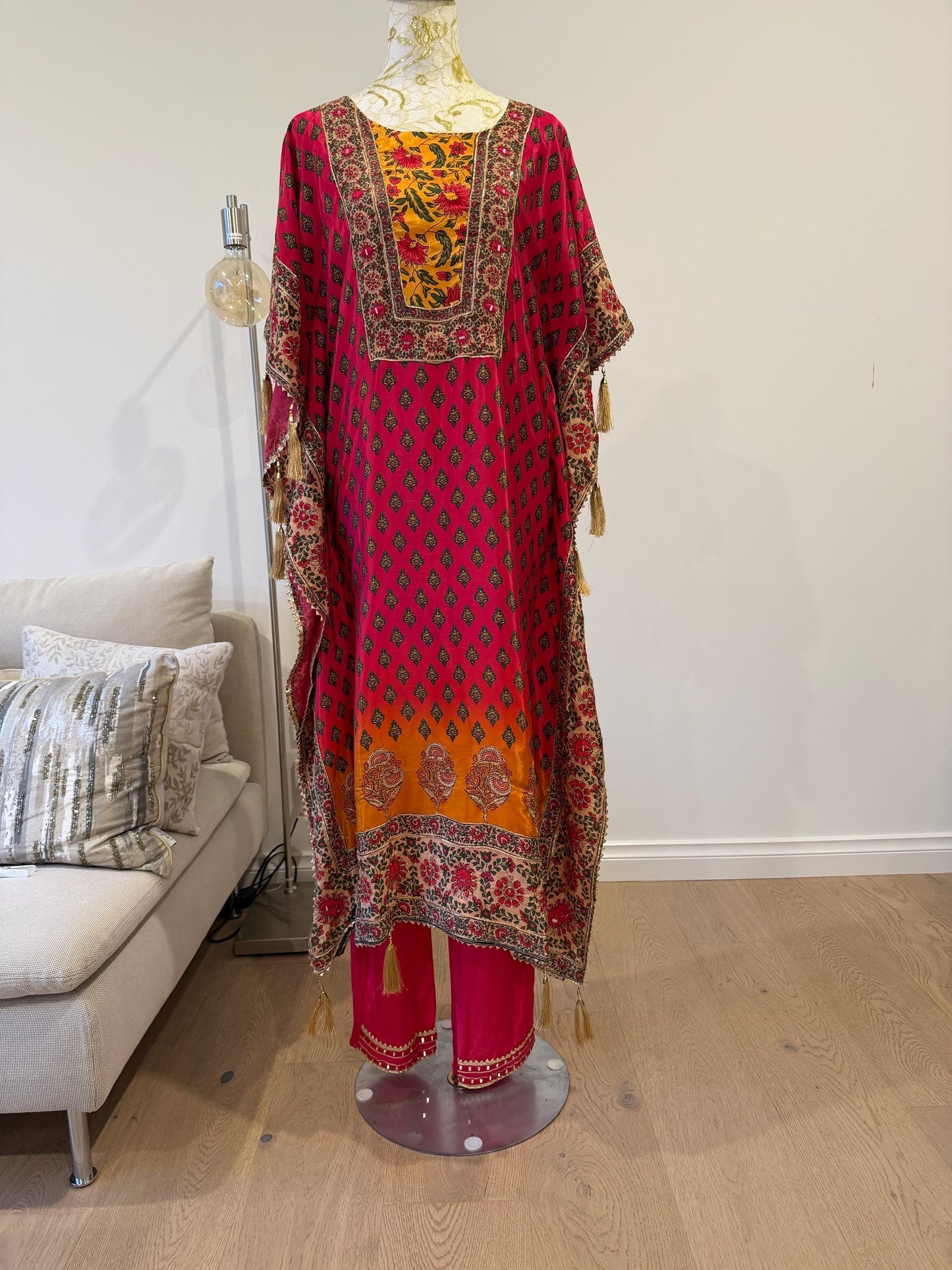 Pink Mustard Floral Crape Kaftan Set with Pants